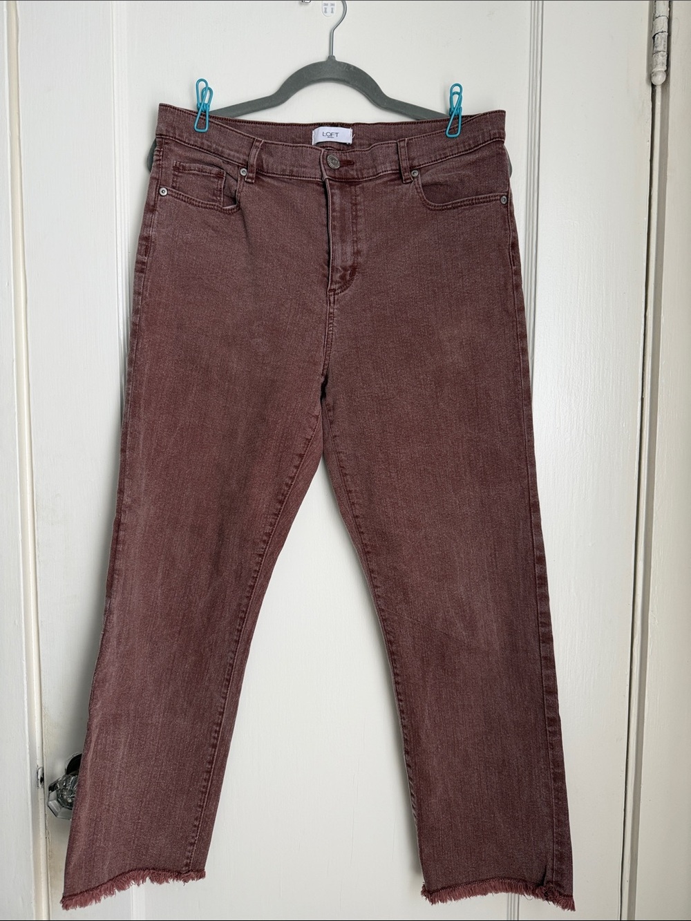LOFT High-Rise Straight Leg Raw Edge Jeans in Mauve